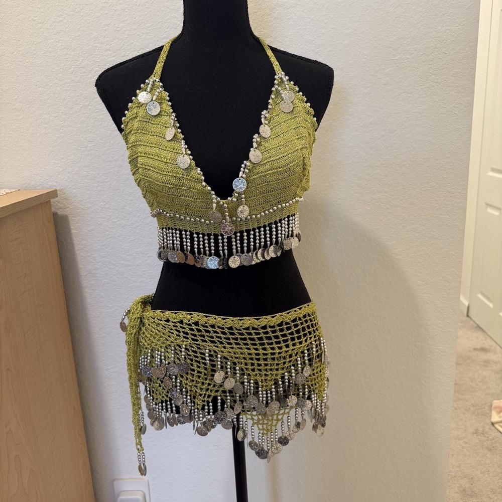 2-piece Belly Dancing Silver Coin Hip Scarf and Top Set Outfit Dancer Costume